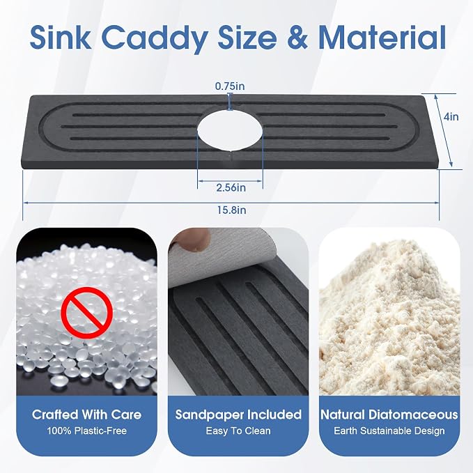 Stone Faucet Mat for Kitchen Sink, Water Absorbing Stone Faucet Splash Guard for Bathroom Counter, Stays Put, Super Absorbent Diatomite Fast Drying, Prevent Moisture for Kitchen Bathroom Counter