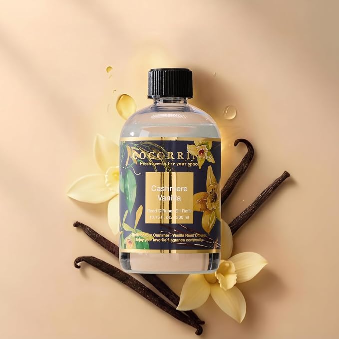 Reed Diffuser Refill Cashmere Vanilla 10.14oz (300ml) with 8 Sticks - Premium Long-Lasting Floral Essential Oil, Home Fragrance for Bedroom, Bathroom Home Decor
