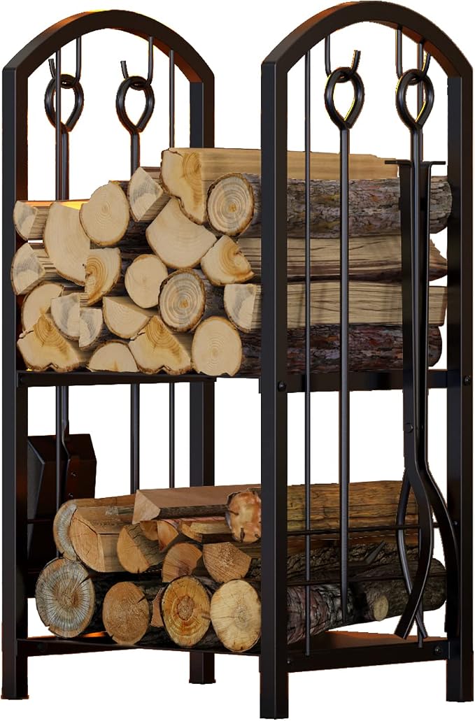 Fire Beauty Fireplace Firewood Log Rack 5-Piece Storage Logs Holder with Tools Set with 4 Tools Set Fireside Holders Wood Lumber Storage Stacking Black