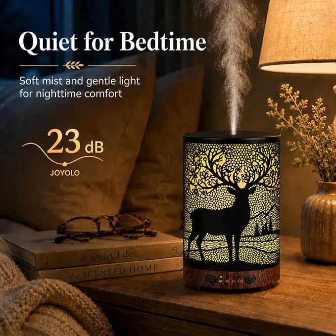 Essential Oil Diffuser 120ML Metal Aromatherapy Diffuser with Timer, Cool Mist Humidifier with Auto Shut-Off & 7 Color Lights for Home Office Spa (Forest Deer)