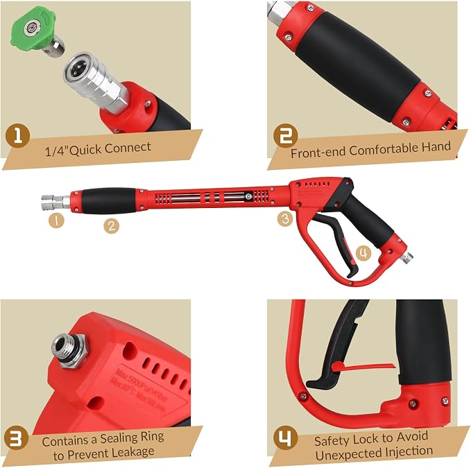 Pressure Washer Gun with Extension Replacement Wand, Power Washer Gun, M22 Fitting, 5 Nozzle Tips, 5000 PSI, 37 Inch