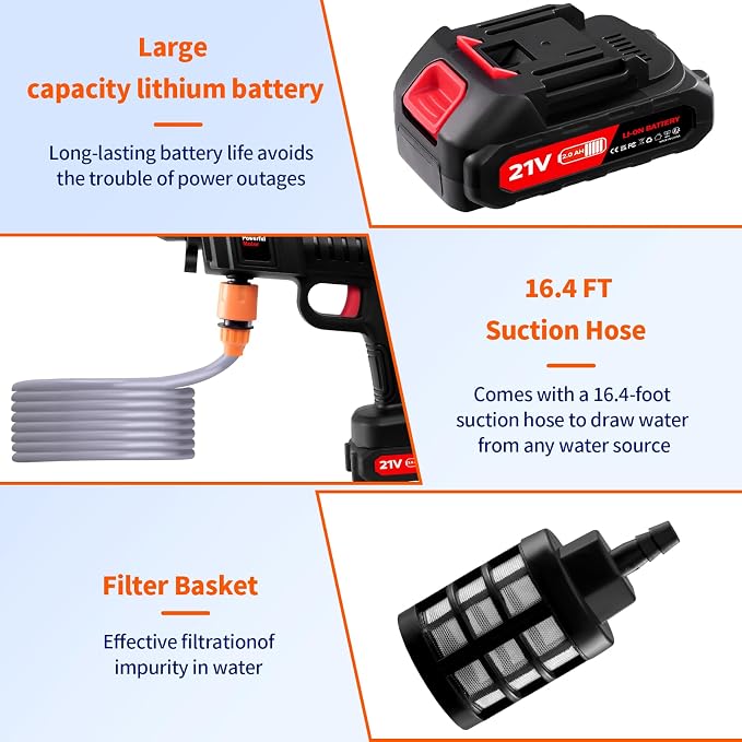 21V Cordless Pressure Washer with 2*2000mAh Battery, 1500W Portable Pressure Washer, High Jet Washer Kit with 2 Nozzles(0°,40°), 16.4FT Hose, Connector, Foam Bottle Pressure Cleaner for Car