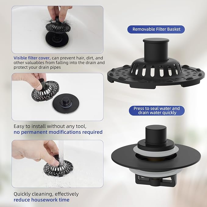 Universal Bathtub Drain Stopper Shower Drain Hair Catcher, Tub Stopper with Visible Top Strainer, Upgraded 3 in 1 Pop-up Drain Plug Fit for 1.5 to 2.4" Hole, Stainless Steel Filter Basket, Matte Black