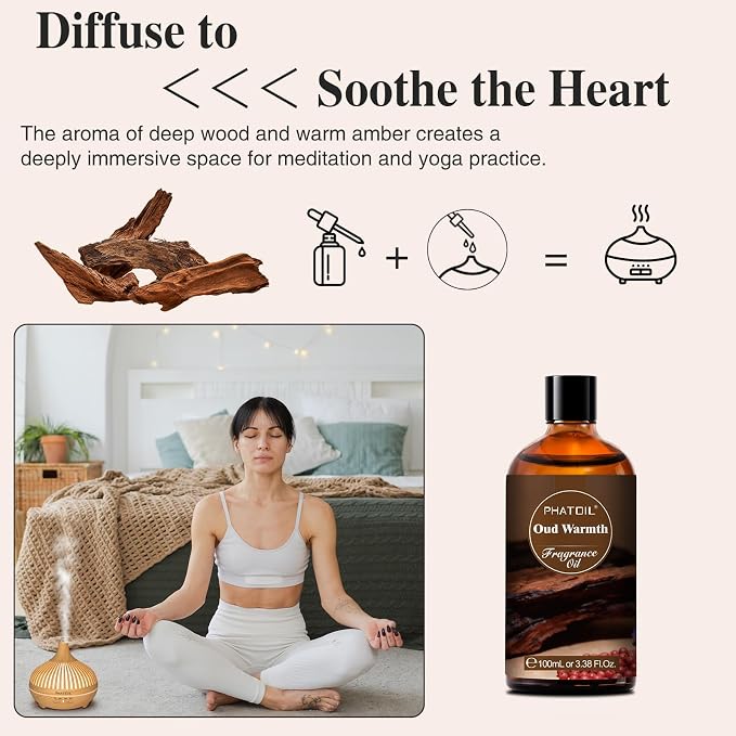 PHATOIL Oud Warmth Fragrance Oil for Diffuser Aromatherapy 3.38FL.OZ | Long Lasting Scented Oils For Humidifier, Air Freshener, DIY Soap Candle, Scent Project Making, Aroma Oil for Home Freshening