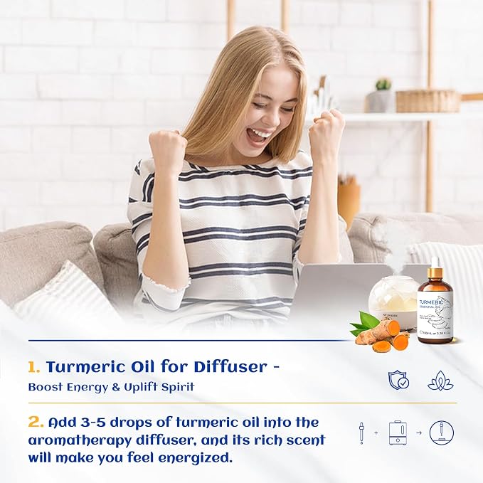 HIQILI Turmeric Oil for Face, Skin Care & Aromatherapy | With 10ml Travel Bottle, Dilute with Carrier Oil for Body & Scalp Massage, Ideal for DIY Crafts –100mL / 3.38 fl oz