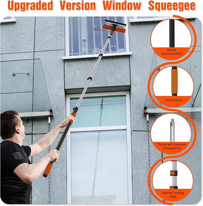 25FT Reach Window Squeegee Kit with Extension Pole, 2-in-1 Professional Washer for High Windows, 5-20FT Adjustable Reach, Rotatable Head for Indoor & Outdoor Use, Streak-Free Cleaning Tool for Home