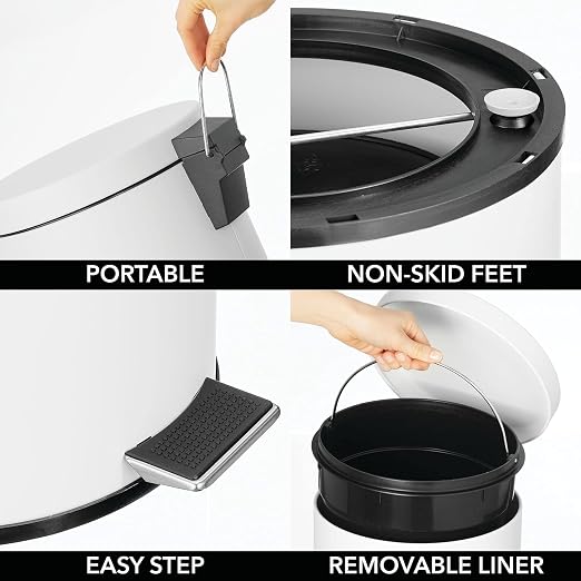 mDesign 3.2 Gallon/12 Liter Round Metal Step Trash Wastebasket, Garbage Container Bin for Bathroom, Powder Room, Bedroom, Kitchen, Craft Room, Office - Removable Liner Bucket - White