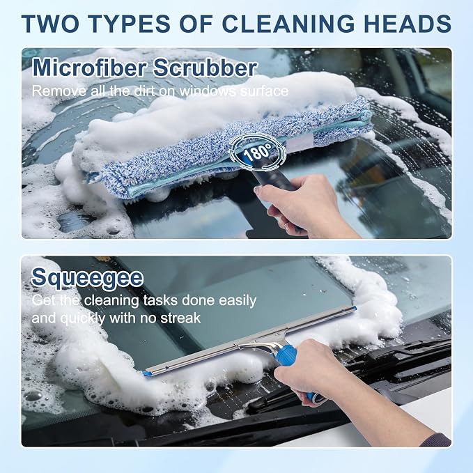 Professional Window Cleaning Kit with Collapsible Bucket 3 Gallon, 65 Inch | 14" Window Squeegee and 15" Microfiber Scrubber Window Washing Equipment Window Cleaner Tool for Outdoor Commercial Household