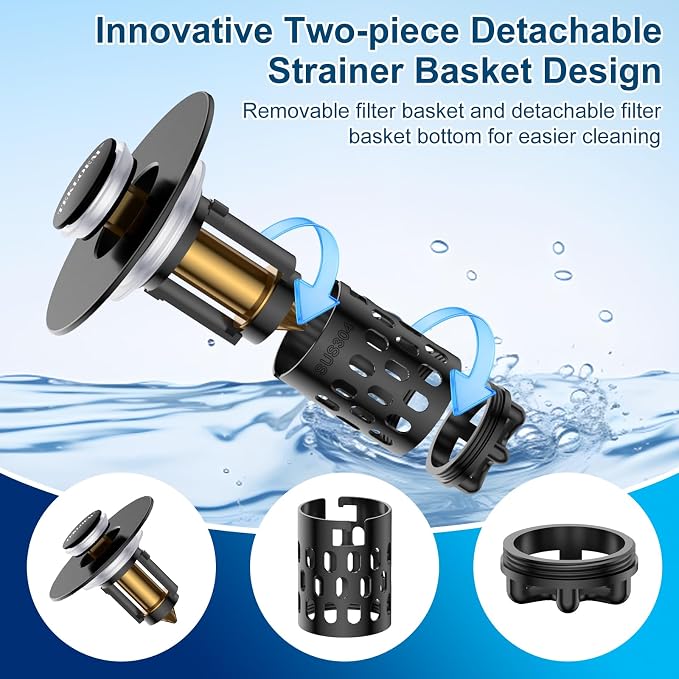 Bathroom Sink Drain Strainer,All Metal Pop-Up Sink Stopper with Removable Stainless Steel Filter Basket, Universal Bathroom Hair Catcher Fit for 1.1-2.36'' Drain (Black, 1 Pack)