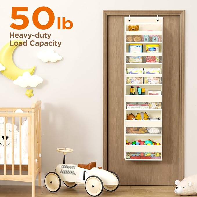 6 Tiers Over The Door Organizer, Behind The Door Storage Hanging Shelves | Heavy Duty Hanging Organizer Storage with Large Capacity Pockets for Closet Wall Bathroom Bedroom Nursery Pantry, 1 Beige