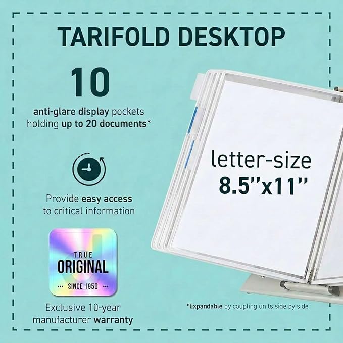 Tarifold Desktop Reference Display System, 10 Pockets, Expandable, White | 10 double-sided PVC pockets, holds 20 letter-size sheets, sturdy metal base, quick-find indexing, quick and easy to assemble