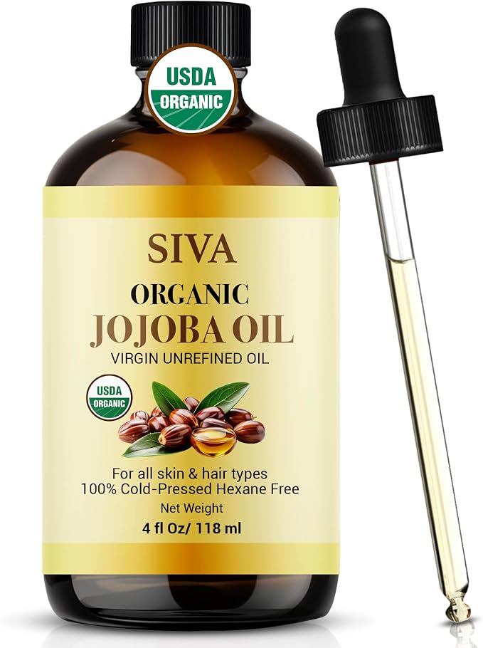SIVA ORGANICS Jojoba Carrier Oil with Dropper, 4 Fl Oz (118 ml) | Jojoba Oil for Skin Care, Facial Oil, Hair Care, Scalp Massage, Nail Care, Body Massage & DIY Beauty Blends, Glass Bottle