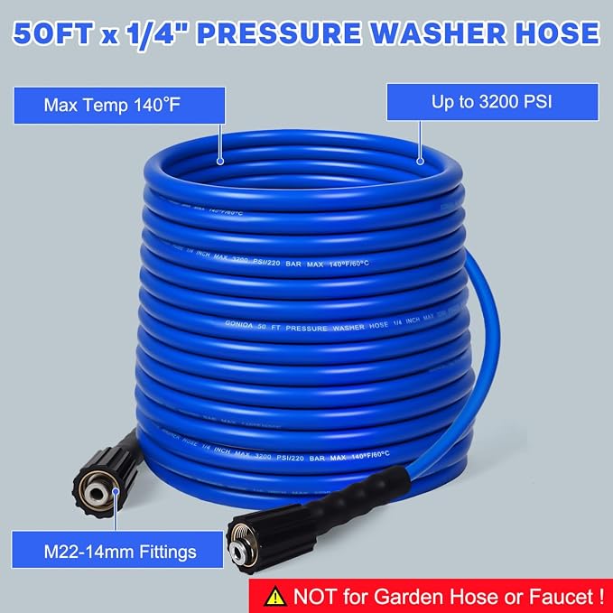 Pressure Washer Hose 50 FT 1/4" ID, Kink Resistant Power Washer Hose with M22 Fittings, Rated up to 3200 PSI