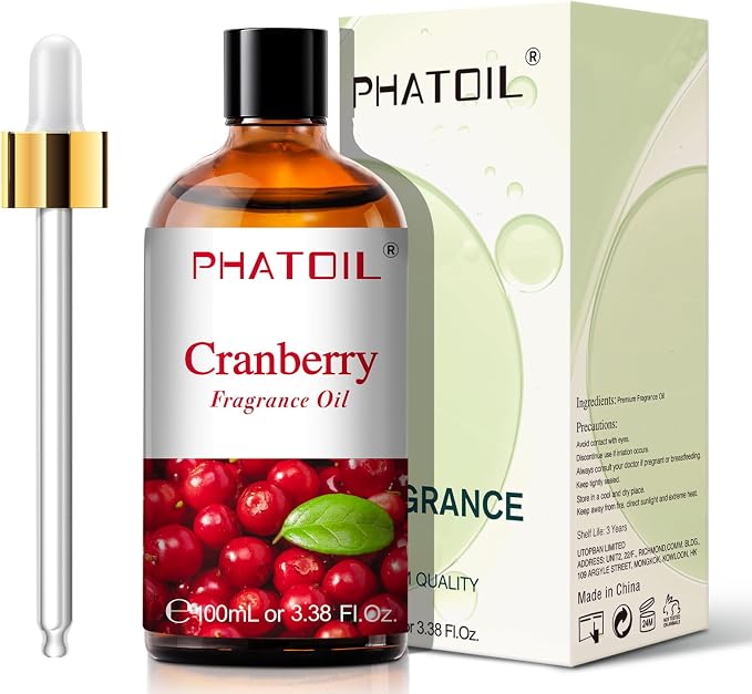 PHATOIL Cranberry Fragrance Oil for Diffuser Aromatherapy 3.38FL.OZ | Long Lasting Scented Oils For Humidifier, Air Freshener, DIY Soap Candle, Scent Project Making, Aroma Oil for Home Freshening