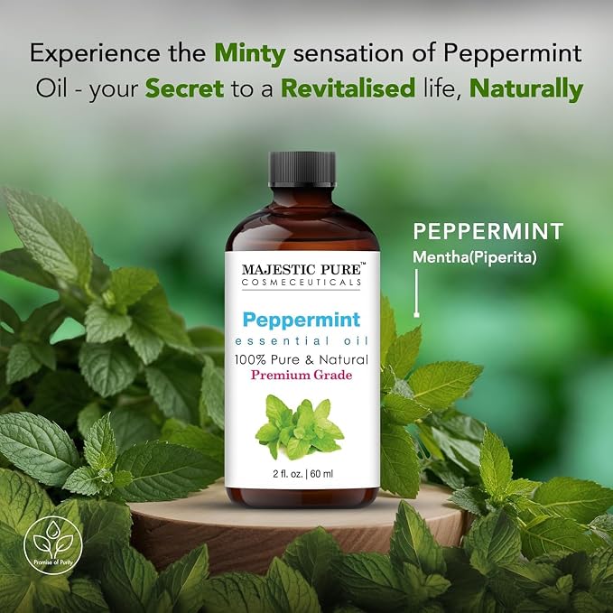Majestic Pure Peppermint Essential Oil for Diffuser - 2 Fl Oz | 100% Natural Essentials Oils for Aromatherapy, Massage, Steam inhalation, Air Freshening, DIY, Soap and Candle Making