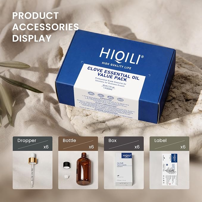 HIQILI Clove Essential Oil Set, Bulk Wholesale for Business, Teeth and Gums | Ideal for Office Diffusers, Yoga Studios, and Multi-Room Use, a Perfect Set for Gifting - 30mL / 1.01 fl oz (6 pack)