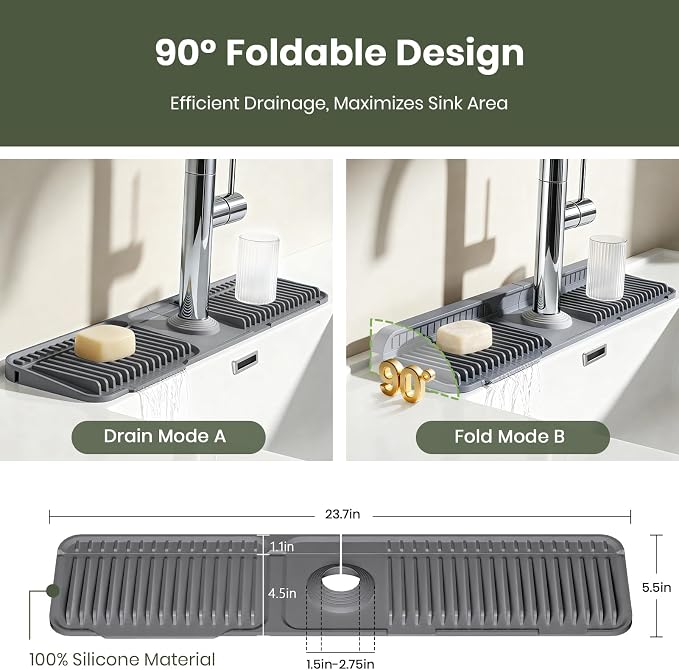 24 Inch Faucet Mat for Kitchen Sink, Silicone Splash Guard for Kitchen Sink Area, 7° Slope Fast Self-Draining Sink Mat, Cuttable Hole Design, Sink Backsplash Guard Draining Mat, Dark Grey