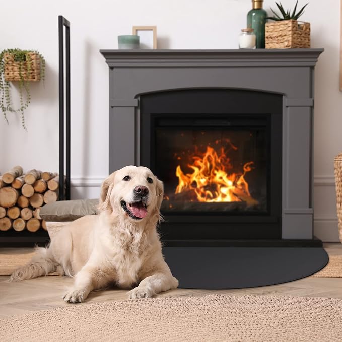 FLASLD Fireproof Fireplace Mat & Hearth Rug 24×42Inch Half Round Hearth Stove Rug Protects Floors, Decks and Patios from Sparks Embers, Black