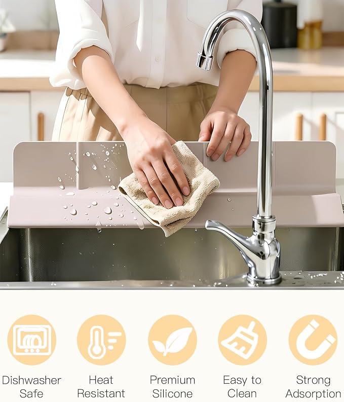 23 Inch Silicone Sink Splash Guard - Kitchen Sink Water Splash Guard with Strong Suction Cups, Removable Splash Guard for Sink, Washbasin & Bathtub - Creamy Apricot
