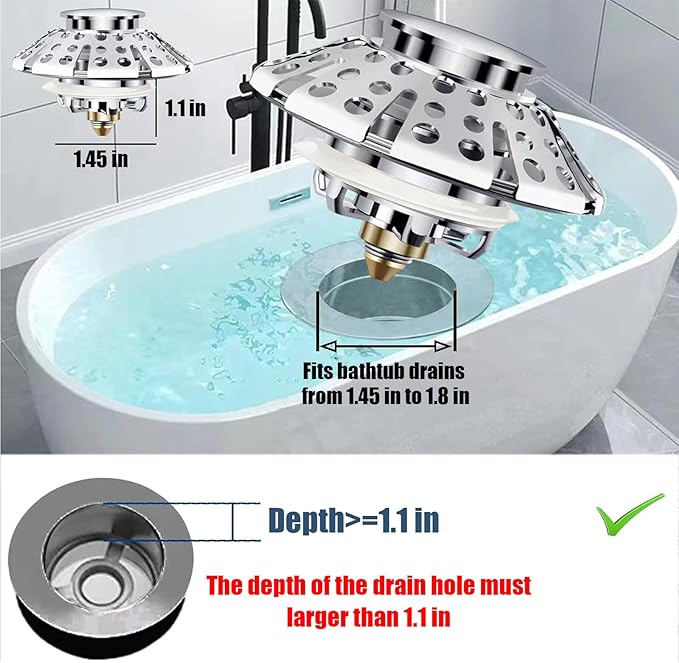 AzWzz Bathtub Drain Stopper, Pop Up Tub Stopper Plug with Bathtub Drain Hair Catcher Cover, Universal for 1.45 in to 1.8 in Tub Drain, Brushed Nickel