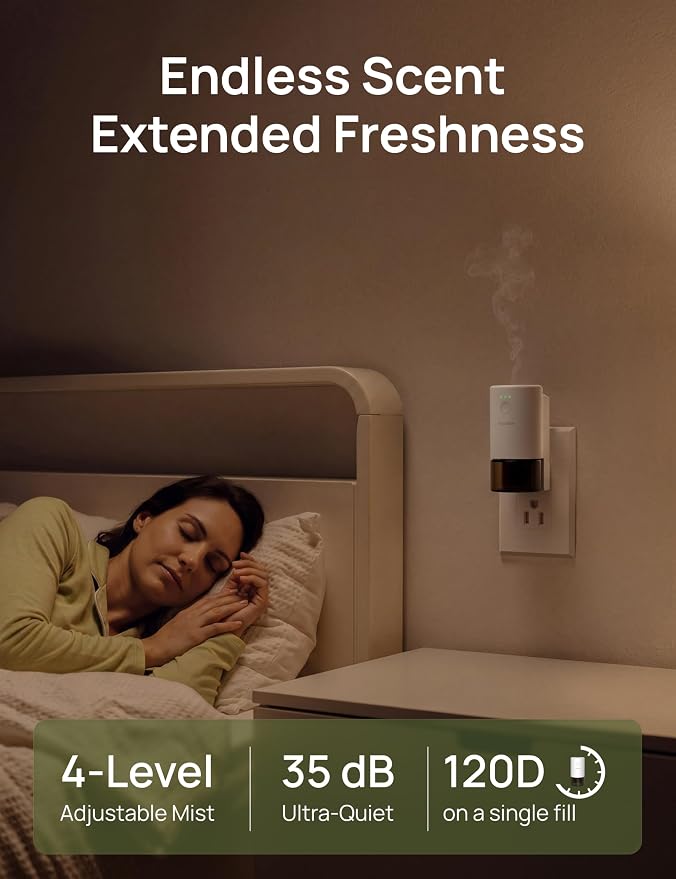 Essential Oil Diffuser for Home, Waterless Aromatherapy Diffuser SF101 Pro, Plug in Room Scent with 120-Day Natural Aroma, Covers 1000 Sq Ft – Free 30ml Cineole Rosemary