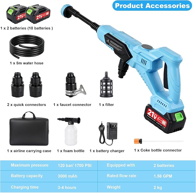 Cordless Portable Washer, Handheld Washer, Battery Operated Washer with 5M Elastic Hose for Car Home with Storage Boxes 120bar