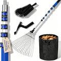 24FT Telescoping Roof Rake, 30FT Reach Leaf Rake for Leaves & Pine Needles | Complete Kit With Gutter Cleaning Attachment, Adjustable Rake Head, Flexible Brush & Storage Bag.