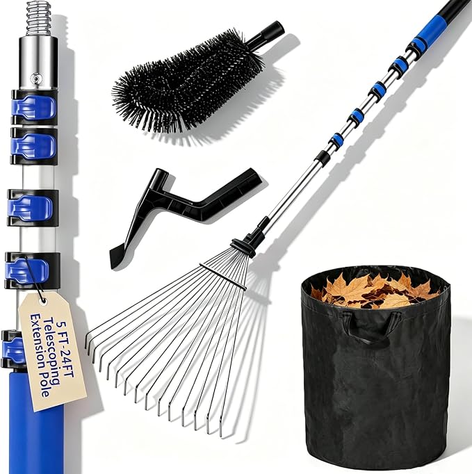 24FT Telescoping Roof Rake, 30FT Reach Leaf Rake for Leaves & Pine Needles | Complete Kit With Gutter Cleaning Attachment, Adjustable Rake Head, Flexible Brush & Storage Bag.