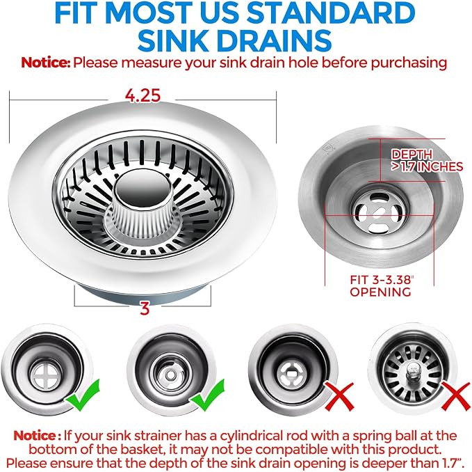 Upgraded 3 in 1 Kitchen Sink Drain Strainer & Sink Stopper, Stainless Steel Kitchen Drain Plug & Sink Installation Parts with Anti-Clogging Basket, Fit US Standard 3-1/2'' Sink Drain Hole