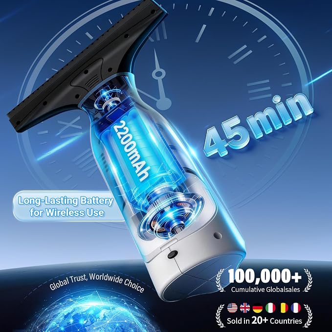 Window Vacuum Squeegee Cordless, Electric Window Cleaner Kit with 11" & 6.7" Squeegee Blades, 2000Pa Vacuum Squeegee with 45min Battery Life & 270ml Water Tank, Suitable for Windows, Mirrors