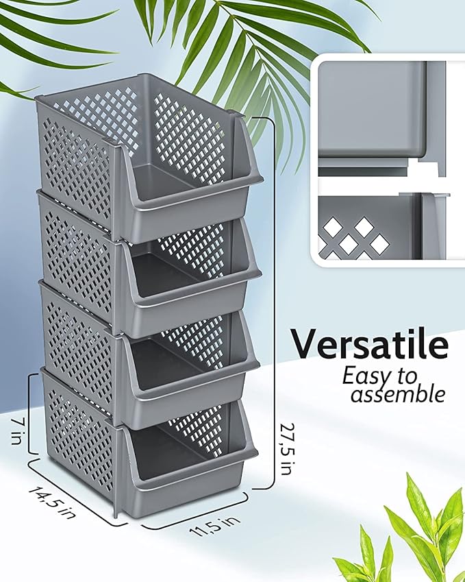 Skywin Plastic Stackable Storage Bins for Pantry - Stackable Bins for Organizing Food, Kitchen, and Bathroom Essentials (Grey - 50 Pack)