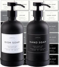 16oz Glass Soap Dispenser with Stainless Steel Pump, 21 Waterproof Labels, Non-Slip Protective Silicone Pad, Set of 2 for Bathroom & Kitchen (Matte Black Bottle/Black Pump)