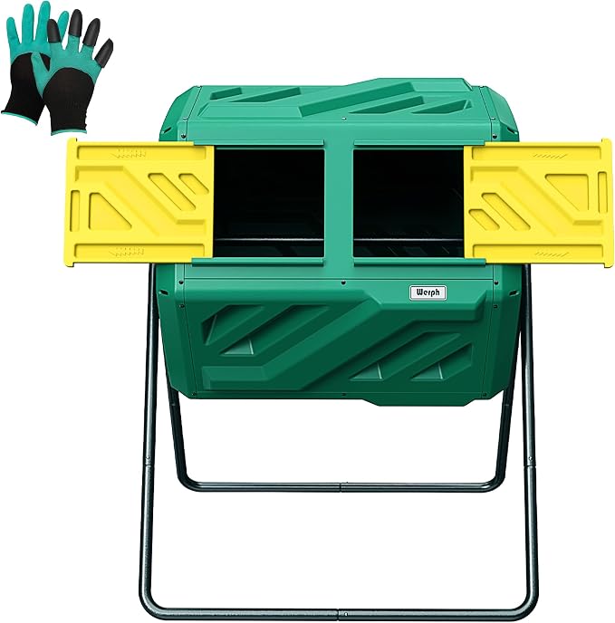 Werph 43 Gal Dual Chamber Compost Bin Tumbler for Backyard Garden, Green | Dual-chamber Design, 360° Rotating Tumbling, BPA-free Materials, Pre-assembled Parts, for Garden, Kitchen & Yard Waste