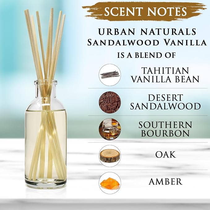 Reed Diffuser Set, Sandalwood & Vanilla - Bathroom Décor | Tahitian Vanilla intermeshes & Desert Sandalwood Mingle to Create a Southern Bourbon Scent, Great Gift Idea