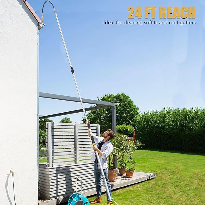 16FT (24ft Reach) Telescopic Gutter Cleaning Tools from The Ground, Rain Gutter Cleaners Tool with Hose Copper Attachment, Long Reach Gutters Cleaner Wand with Extension Pole