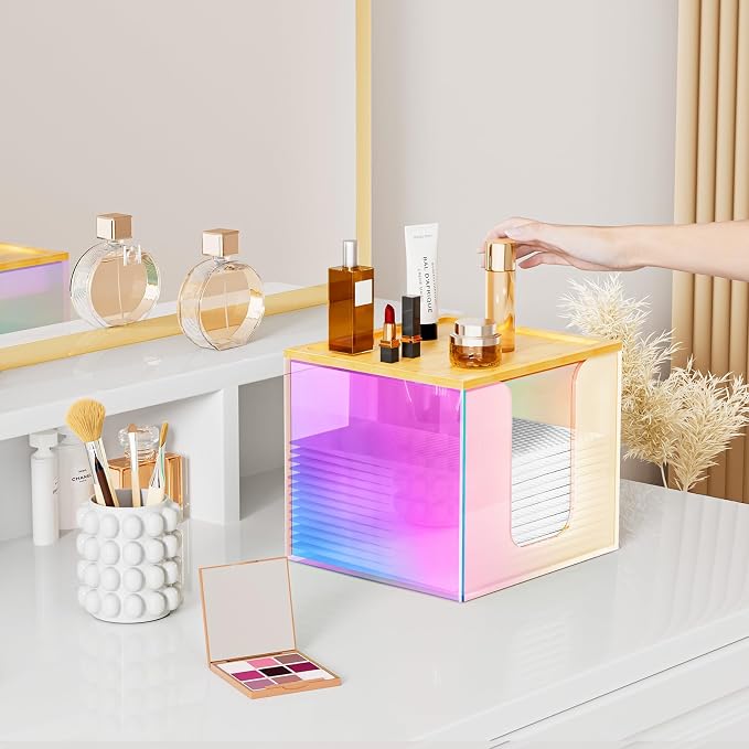 VITVITI Disposable Face Towel Holder for Clean Skin Club, Acrylic Box | Rainbow XL Face Towels Holder Container, Facial Towel Storage with Bamboo Lid, for Bathroom, Vanity Makeup