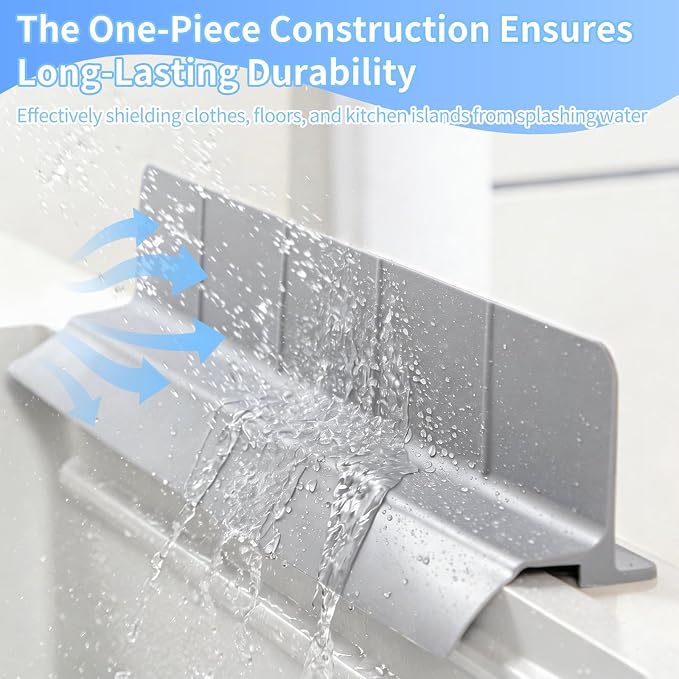 Silicone kitchen sink splash guard -Extra Large self draining bathroom/island splash guard（23 * 3.5 * 3.9 inch ）,7 suction cups for anti slip and strong stability, durable and easy to clean (gray)