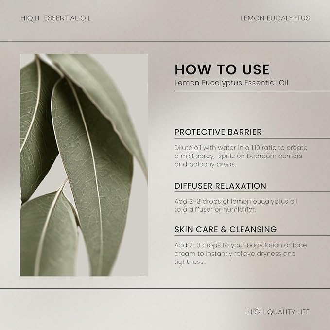 HIQILI Lemon Eucalyptus Essential Oil for Spray, Aromatherapy & Diffuser | Delivers Gentle Indoor & Outdoor Space Protection, Fresh Atmospheres & Household Odor Elimination -30mL / 1.01 fl oz
