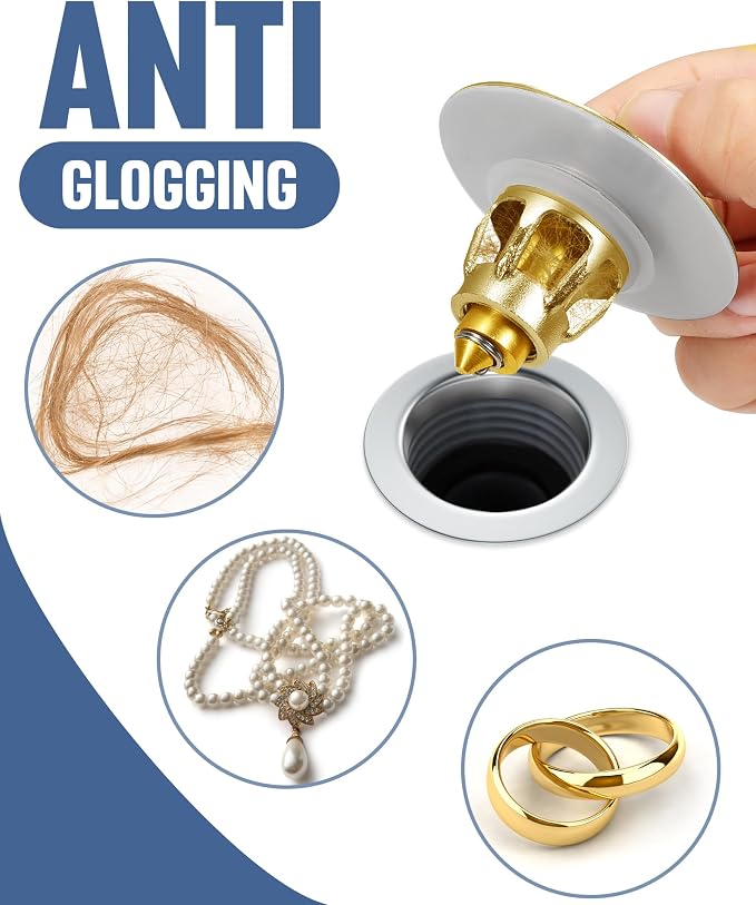 Tgosomt Bathroom Sink Stopper 2 Pack, Bathroom Sink Drain Strainer, Revolutionary Bathroom Accessories and Essentials (Brushed Gold)
