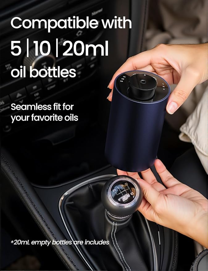 Waterless Essential Oil Diffuser, Rechargeable Car Scent Diffuser, Blue | Premium Aluminum Alloy Housing, Cordless, 3 Mist Levels, Timers, Portable Aromatherapy Diffuser for Home, Car & Office