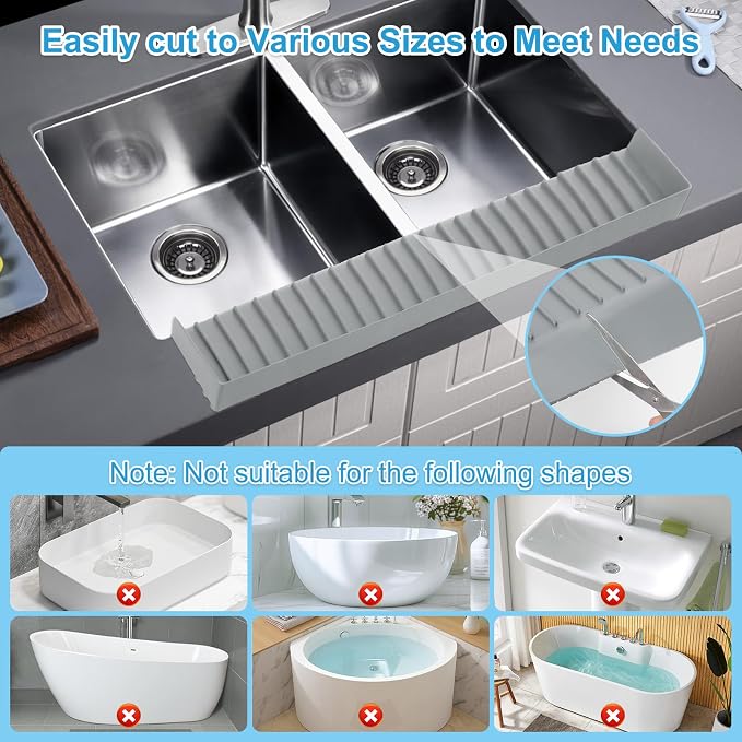 Silicone Faucet Splash Guard 4" x 30", Faucet Water Catcher Mat, Longer Silicone Sink Mat for Kitchen, Bathroom, Laundry Room, Farmhouse for Quartz Kitchen Sink（Gray）