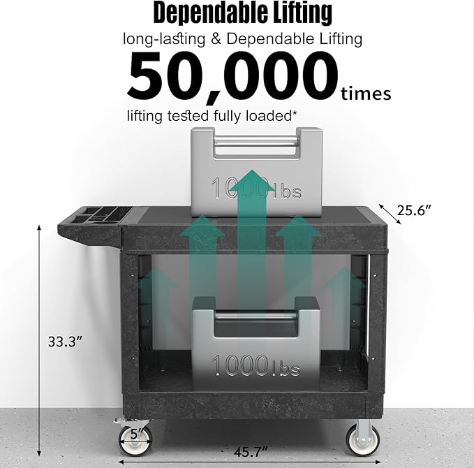 Utility Cart on Wheels, Heavy Duty Large Flat Top Rolling Service Cart, 46 x 25 Inch Work Carts, 2 Shelf 1000 lbs Capacity Plastic Tool Cart, for Warehouse, Garage, Cleaning, Black