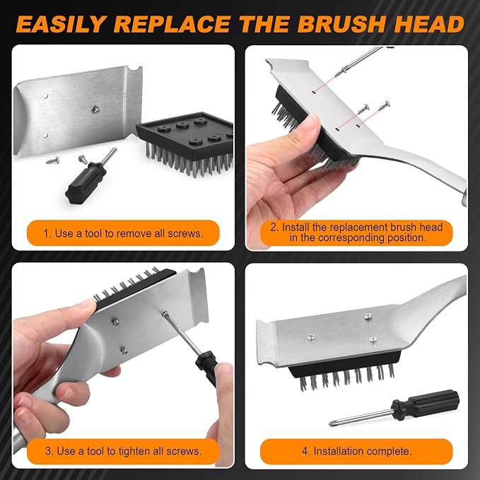 BBQ Grill Cleaning Brush Scraper with 2 Replaceable Stainless Steel Bristles Head, 72-Well Wires Brush, Stainless Grill Grate Cleaner, for Weber Gas, Charcoal, Electrical, Infrared