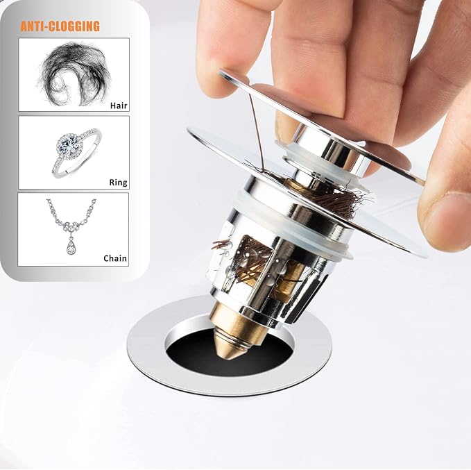 Artiwell Universal Bathroom Sink Drain Stopper, Fits Most Pop-Up Drains for Vessel Sink Lavatory Vanity, Sink Drain Strainer with Detachable Hair Catcher, Tested by Plumber in US (Chrome Plated)