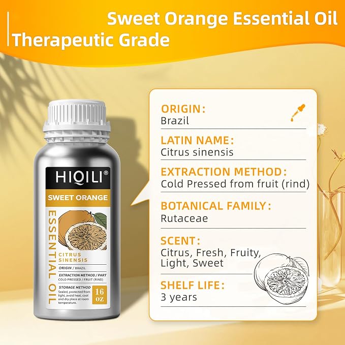 HIQILI Sweet Orange Essential Oil Large Capacity for Skin Care & Diffusers | Air Freshening & Space Cleaning for DIY Studio, Spa, Hotel & Household Stock, Mall, Beauty Salon - 500mL / 16 fl oz