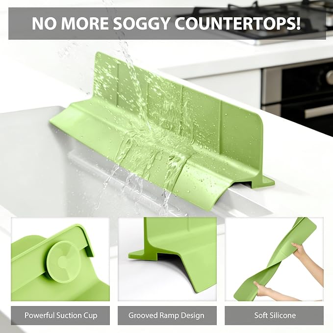 23Inch Sink Splash Guard – Extended Length & Tall Silicone Kitchen Sink Splash Guard with Overhang Drainage Design & Strong Suction Cups for Countertop (Green, 23''x3.5'')