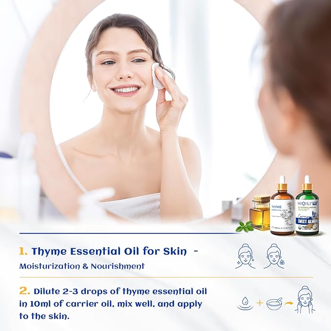 HIQILI Thyme Essential Oil for Skin Flare Care, DIY Spray, Diffuser | With 10ml Travel Dropper Bottle, Aromatherapy Diffuser, Hair, Skin Care & DIY Fragrance - 100ml / 3.38 Fl Oz