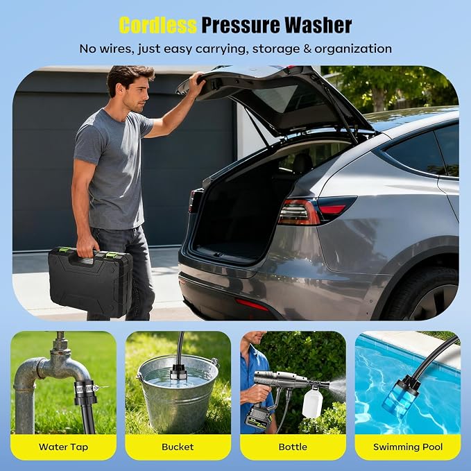 YKYI Cordless Pressure Washer - Battery Powered with 30 Speed Levels, Handheld Portable Sprayer with 6-in-1 Nozzle, 24FT High-Elastic Hose for Car, Garden, Patio Cleaning (Gray)