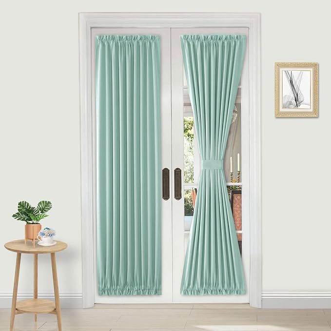 DWCN French Door Curtains – Rod Pocket Thermal Blackout Curtain for Window/Patio Doors/Doorways/Classroom/Kitchen for Privacy, 36W by 72L Inches, 1 Panel with Tieback, Mint Green