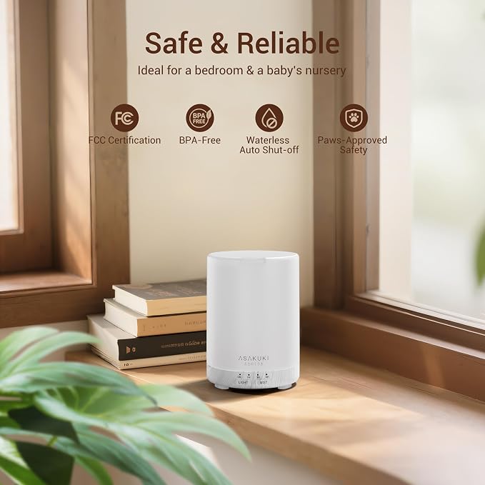 ASAKUKI Essential Oil Diffuser for Home 300 ml Quiet | Automatic Shut-Off, Aromatherapy Diffuser, 7 LED Lights for Living Room, Kitchen, Bedroom, Hotel - White Wood